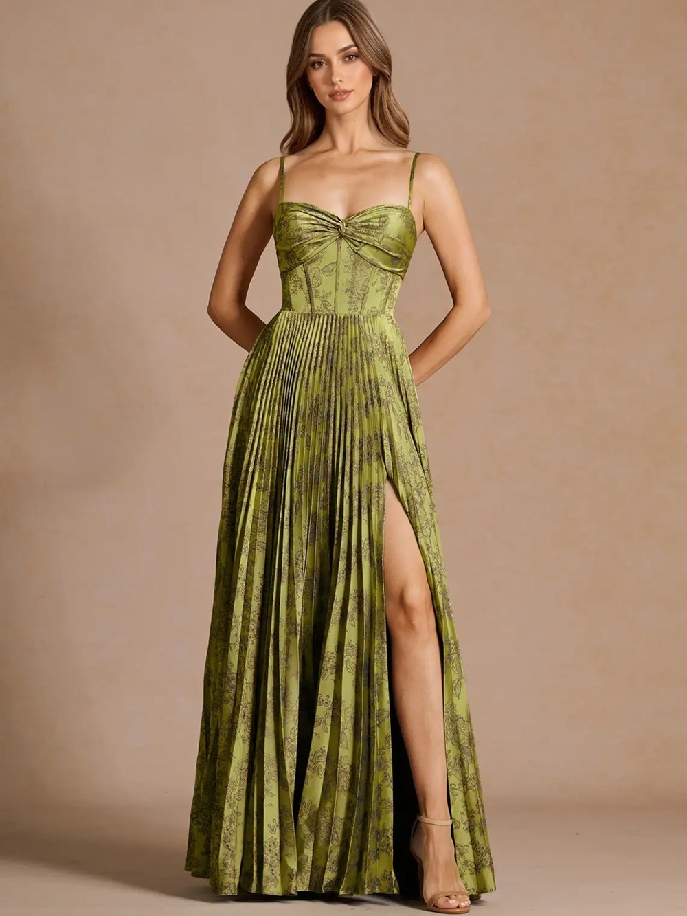 Azazie Moss Pleated Corset Maxi Dress with Side Slit